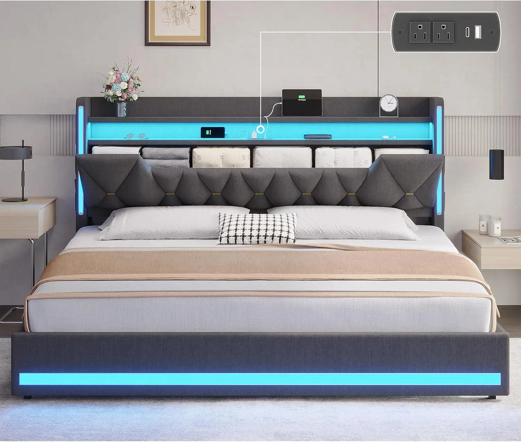 LED King Bed Frame with Storage, Charging Station & Headboard - Dark Gray Linen Upholstered Metal Frame