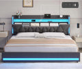 LED King Bed Frame with Storage, Charging Station & Headboard - Dark Gray Linen Upholstered Metal Frame
