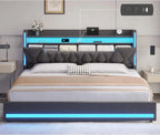 LED King Bed Frame with Storage, Charging Station & Headboard - Dark Gray Linen Upholstered Metal Frame
