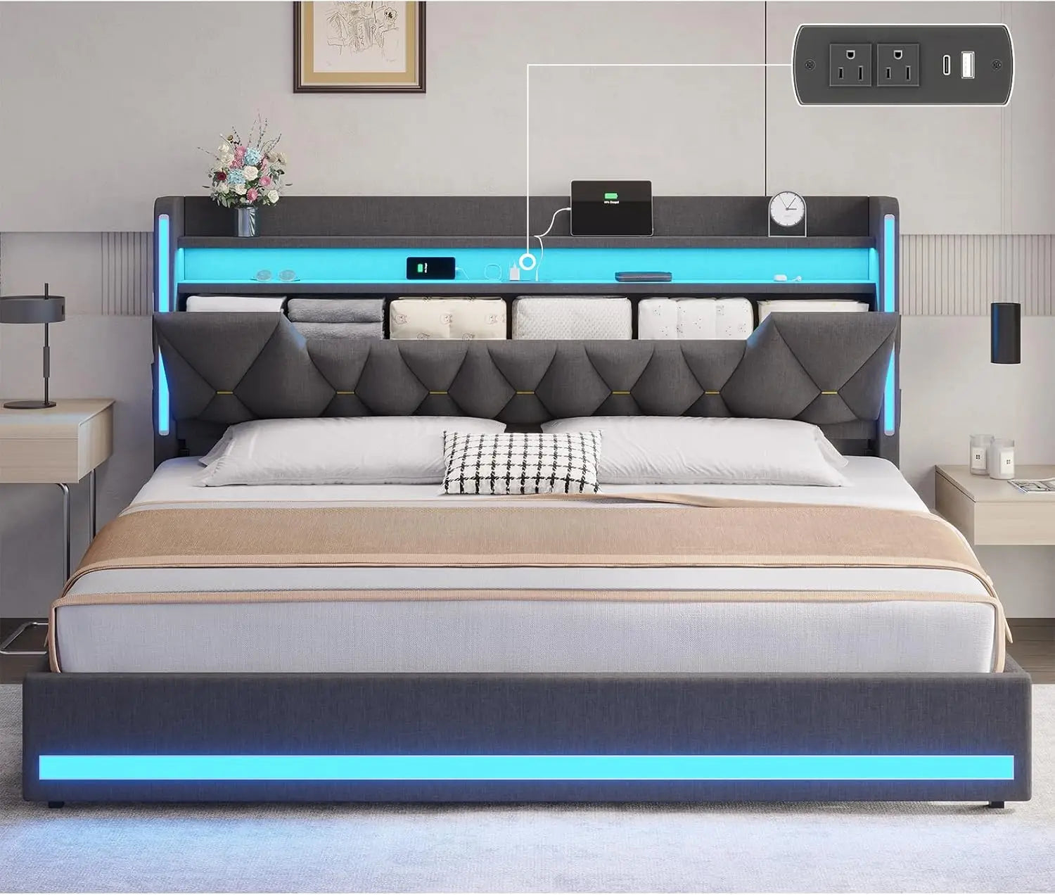 LED King Bed Frame with Storage, Charging Station & Headboard - Dark Gray Linen Upholstered Metal Frame