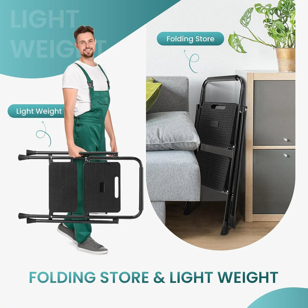 Foldable 2-Step Stool with Anti-Slip Pedal & Handrail, 800lbs Capacity Steel Ladder