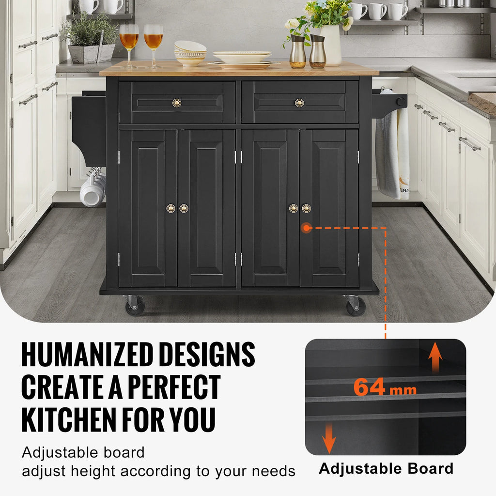 43" Kitchen Island Cart Wood Top Mobile Carts with Storage Cabinet