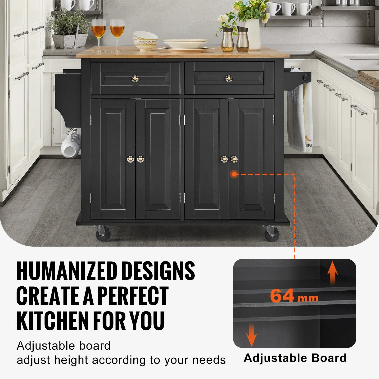 43" Kitchen Island Cart Wood Top Mobile Carts with Storage Cabinet