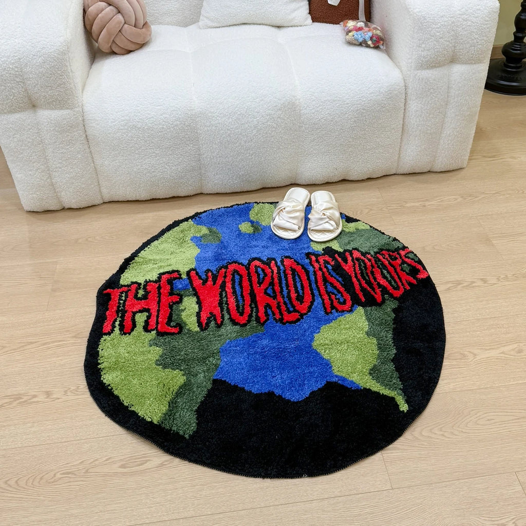 Trendy 'The World Is Yours' Globe Tufted Rug Round Fluffy Shaggy Carpet Black Blue Green Red Non-Slip Absorbent Bath Mat Living