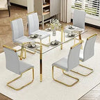 ,71''Gold Dining Room Table &Generous Legroom with 6 White Leather