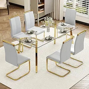 ,71''Gold Dining Room Table &Generous Legroom with 6 White Leather