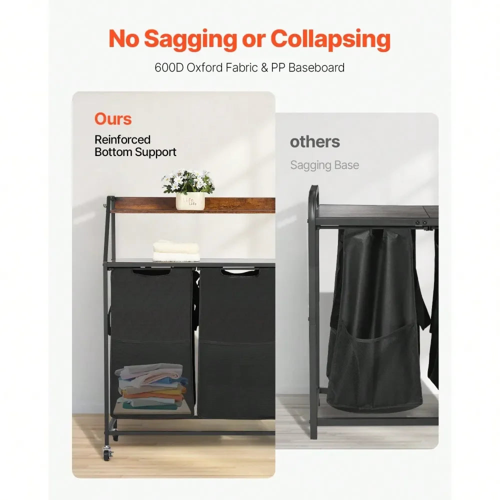Tall Laundry Hamper With Metal Frame And Wooden Tabletop