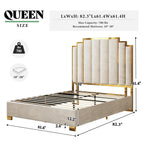 Queen Upholstered Velvet Platform Bed with Gold Trim Headboard