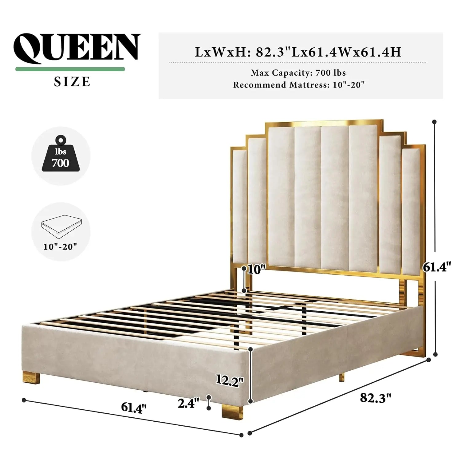 Queen Upholstered Velvet Platform Bed with Gold Trim Headboard